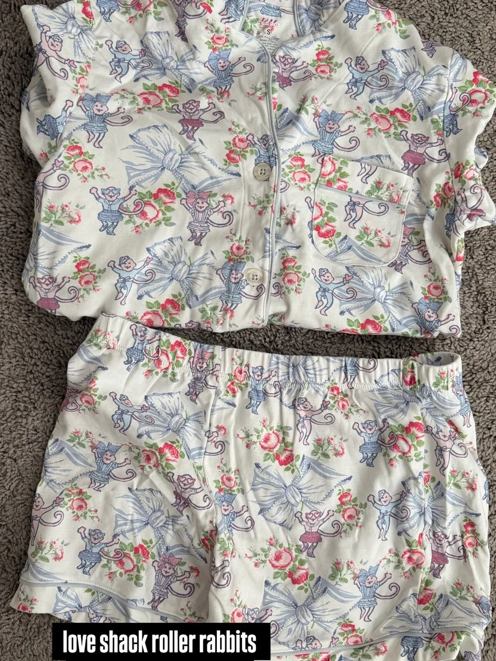 LoveShackFancy Floral & Bunny Print Pajama Set - White with Pink & Blue - Picture 1 of 1